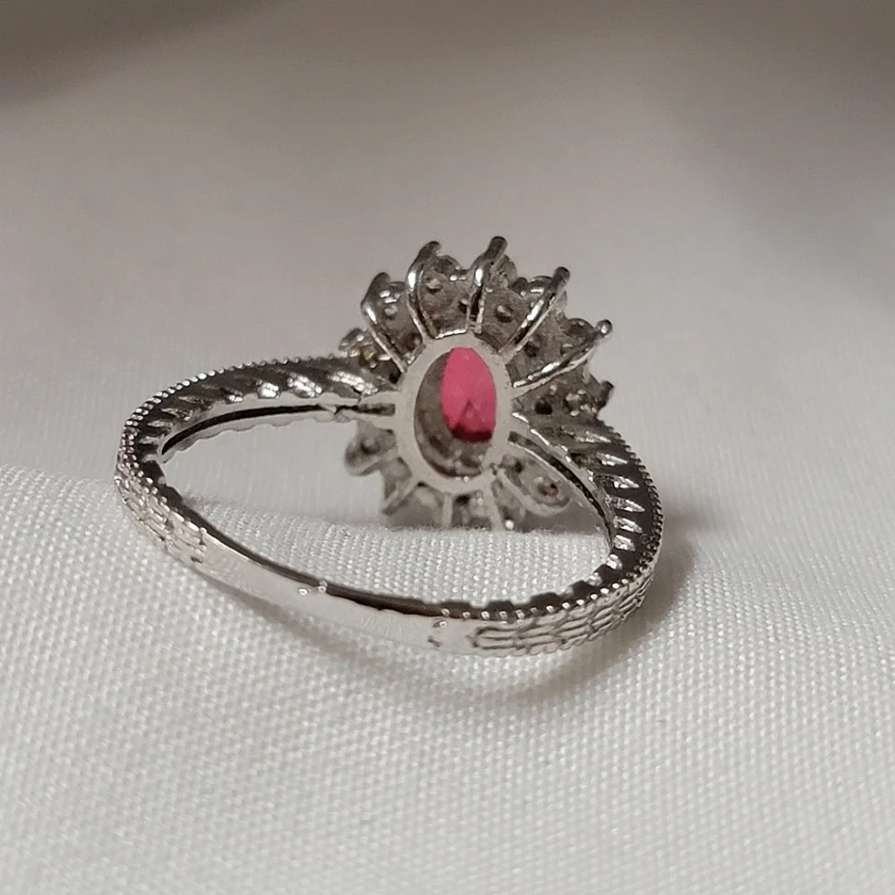 Gorgeous Halo Ruby and White Sapphire Simulated Stone Silver Tone Ring
